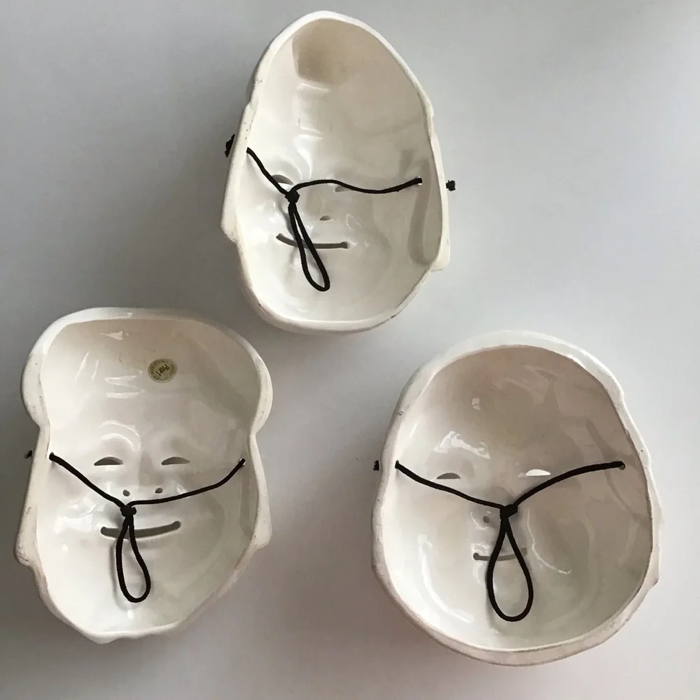 Pier One SET OF 3 White Ceramic Wall Art Masks Japanese Daikoku & Enosis Vintage